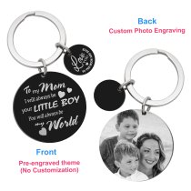 My Mom My World Fr Little Boy Personalized Photo Engraving w/ Love U to the Moon & Back Stainless Steel Round Dog Tag Keychain Mother's Day Gift