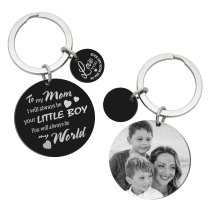My Mom My World Fr Little Boy Personalized Photo Engraving w/ Love U to the Moon & Back Stainless Steel Round Dog Tag Keychain Mother's Day Gift