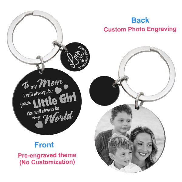 My Mom My World Fr Little Girl Personalized Photo Engraving w/ Love U to the Moon & Back Stainless Steel Round Dog Tag Keychain Mother's Day Gift