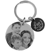 My Mom My World Fr Little Girl Personalized Photo Engraving w/ Love U to the Moon & Back Stainless Steel Round Dog Tag Keychain Mother's Day Gift