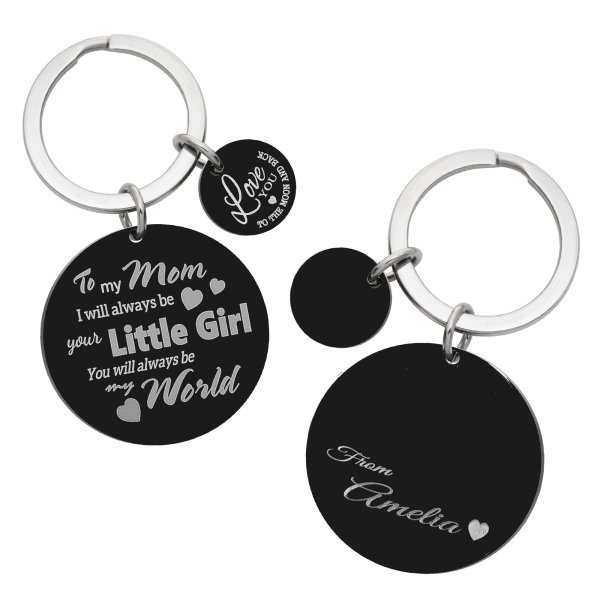 My Mom My World Fr Little Girl Love Note Laser Engraving Name w/ Love U to the Moon & Back Stainless Steel Round Dog Tag Keychain Mother's Day Gift