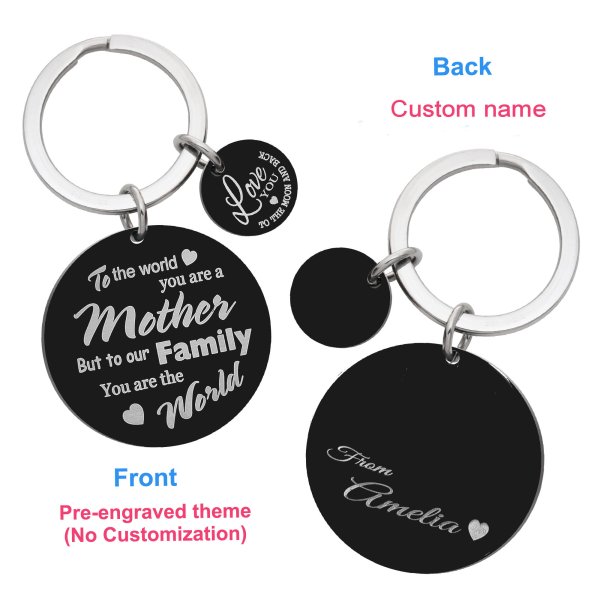 Mother Is Family's World Text w/ Name Engraving Love U to the Moon & Back Stainless Steel Round Dog Tag Keychain