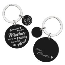 Mother Is Family's World Text w/ Name Engraving Love U to the Moon & Back Stainless Steel Round Dog Tag Keychain