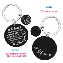 Thank You Mom Love Text w/ Name Engraving & Love U to the Moon & Back Stainless Steel Round Dog Tag Keychain Mother's Day Gift