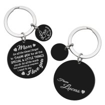 Thank You Mom Love Text w/ Name Engraving & Love U to the Moon & Back Stainless Steel Round Dog Tag Keychain Mother's Day Gift