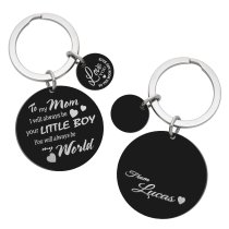My Mom My World Fr Little Boy Text w/ Name Engraving & Love U to the Moon & Back Stainless Steel Round Dog Tag Keychain Mother's Day Gift