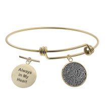 Queenberry Personalized Fingerprint Engraving Custom Message Special Date Dangle Charm Adjustable Wire Bangle Bracelet Family Inspirational Memorial Gift - Gold