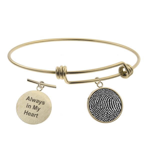 Queenberry Personalized Fingerprint Engraving Custom Message Special Date Dangle Charm Adjustable Wire Bangle Bracelet Family Inspirational Memorial Gift - Gold