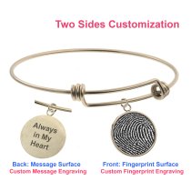Queenberry Personalized Fingerprint Engraving Custom Message Special Date Dangle Charm Adjustable Wire Bangle Bracelet Family Inspirational Memorial Gift - Gold