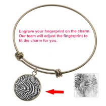 Queenberry Personalized Fingerprint Engraving Custom Message Special Date Dangle Charm Adjustable Wire Bangle Bracelet Family Inspirational Memorial Gift - Gold