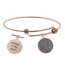 Queenberry Personalized Fingerprint Engraving Custom Message Special Date Dangle Charm Adjustable Wire Bangle Bracelet Family Inspirational Memorial Gift - Rose Gold