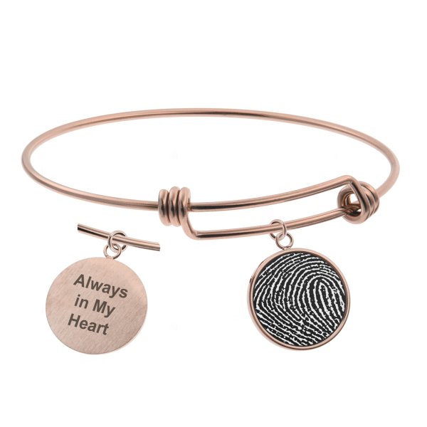 Queenberry Personalized Fingerprint Engraving Custom Message Special Date Dangle Charm Adjustable Wire Bangle Bracelet Family Inspirational Memorial Gift - Rose Gold