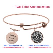 Queenberry Personalized Fingerprint Engraving Custom Message Special Date Dangle Charm Adjustable Wire Bangle Bracelet Family Inspirational Memorial Gift - Rose Gold