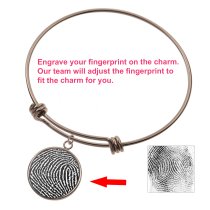 Queenberry Personalized Fingerprint Engraving Custom Message Special Date Dangle Charm Adjustable Wire Bangle Bracelet Family Inspirational Memorial Gift - Rose Gold