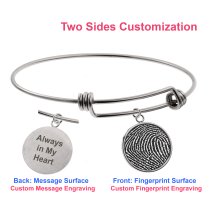 Queenberry Personalized Fingerprint Engraving Custom Message Special Date Dangle Charm Adjustable Wire Bangle Bracelet Family Inspirational Memorial Gift - Rose Gold