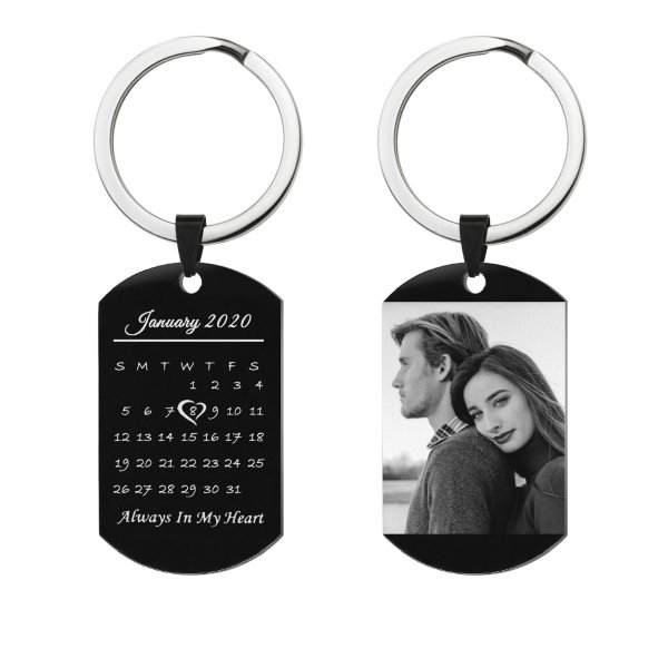 Custom Engraved Personalized Calendar Date & Photo Memorial Stainless Steel Dog Tag Keychain