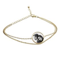 Queenberry Personalized Photo Engraving Custom Picture Charm Dainty Layering Adjustable Double Bracelet- Gold