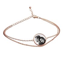 Queenberry Personalized Photo Engraving Custom Picture Charm Dainty Layering Adjustable Double Bracelet- Rose Gold