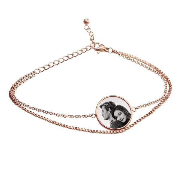 Queenberry Personalized Photo Engraving Custom Picture Charm Dainty Layering Adjustable Double Bracelet- Rose Gold