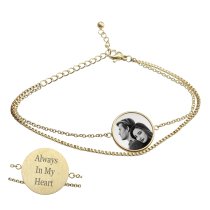 Queenberry Personalized Photo Engraving Custom Text Message Charm Dainty Layering Adjustable Double Bracelet- Gold
