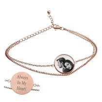 Queenberry Personalized Photo Engraving Custom Message Text Charm Dainty Layering Adjustable Double Bracelet- Rose Gold