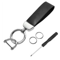 Stainless Steel Genuine Leather Universal Car Key Fob Holder 360 Rotatable with Anti-lost D-ring Horseshoe Buckle Keychain Keyrings- Black