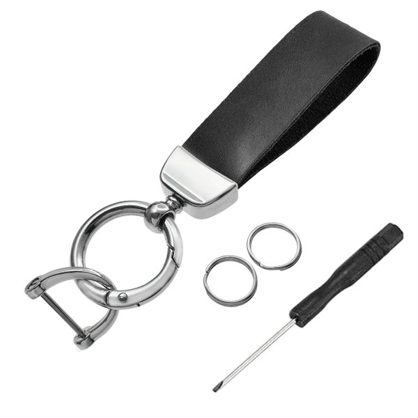 Stainless Steel Genuine Leather Universal Car Key Fob Holder 360 Rotatable with Anti-lost D-ring Horseshoe Buckle Keychain Keyrings- Black
