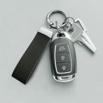 Stainless Steel Genuine Leather Universal Car Key Fob Holder 360 Rotatable with Anti-lost D-ring Horseshoe Buckle Keychain Keyrings- Black