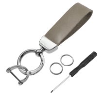 Stainless Steel Genuine Leather Universal Car Key Fob Holder 360 Rotatable with Anti-lost D-ring Horseshoe Buckle Keychain Keyrings- Blue
