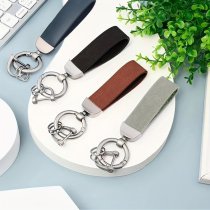 Stainless Steel Genuine Leather Universal Car Key Fob Holder 360 Rotatable with Anti-lost D-ring Horseshoe Buckle Keychain Keyrings- Blue