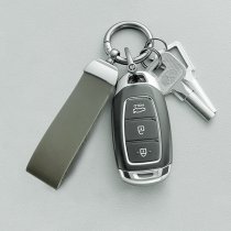 Stainless Steel Genuine Leather Universal Car Key Fob Holder 360 Rotatable with Anti-lost D-ring Horseshoe Buckle Keychain Keyrings- Blue