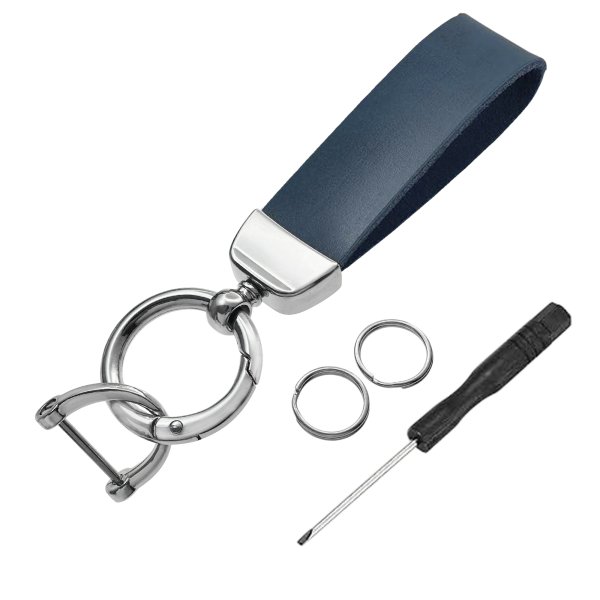 Stainless Steel Genuine Leather Universal Car Key Fob Holder 360 Rotatable with Anti-lost D-ring Horseshoe Buckle Keychain Keyrings- Blue