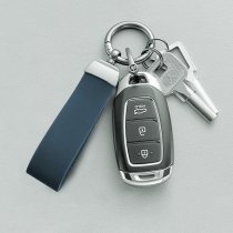 Stainless Steel Genuine Leather Universal Car Key Fob Holder 360 Rotatable with Anti-lost D-ring Horseshoe Buckle Keychain Keyrings- Blue