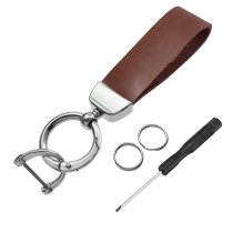 Genuine Leather Stainless Steel Universal Car Key Fob Holder 360 Rotatable with Anti-lost D-ring Horseshoe Buckle Keychain Keyrings- Brown