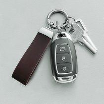 Genuine Leather Stainless Steel Universal Car Key Fob Holder 360 Rotatable with Anti-lost D-ring Horseshoe Buckle Keychain Keyrings- Brown
