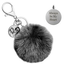 Personalized Custom Photo Laser Engraving Message Text Cute Faux Fur Ball Pom Pom Pendant Charm Universal Car Key Fob Holder Metal Keychain Lobster Clasp- Black
