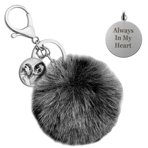 Personalized Custom Photo Laser Engraving Message Text Cute Faux Fur Ball Pom Pom Pendant Charm Universal Car Key Fob Holder Metal Keychain Lobster Clasp- Black