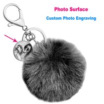 Personalized Custom Photo Laser Engraving Message Text Cute Faux Fur Ball Pom Pom Pendant Charm Universal Car Key Fob Holder Metal Keychain Lobster Clasp- Black