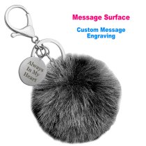 Personalized Custom Photo Laser Engraving Message Text Cute Faux Fur Ball Pom Pom Pendant Charm Universal Car Key Fob Holder Metal Keychain Lobster Clasp- Black
