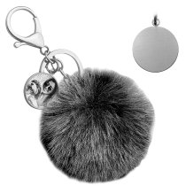 Personalized Custom Photo Laser Engraving Cute Faux Fur Ball Pom Pom Universal Car Key Fob Holder Metal Keychain Lobster Clasp- Black