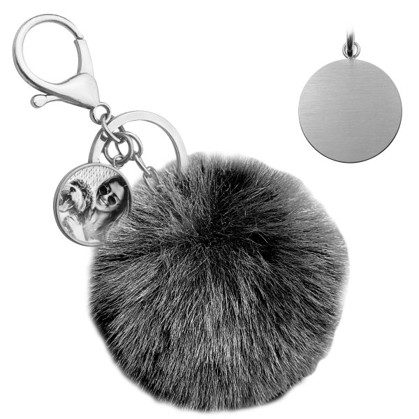 Personalized Custom Photo Laser Engraving Cute Faux Fur Ball Pom Pom Universal Car Key Fob Holder Metal Keychain Lobster Clasp- Black