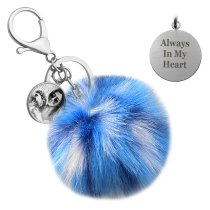 Personalized Custom Photo Laser Engraving Message Text Cute Faux Fur Ball Pom Pom Pendant Charm Universal Car Key Fob Holder Metal Keychain Lobster Clasp- Blue