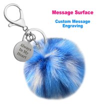 Personalized Custom Photo Laser Engraving Message Text Cute Faux Fur Ball Pom Pom Pendant Charm Universal Car Key Fob Holder Metal Keychain Lobster Clasp- Blue