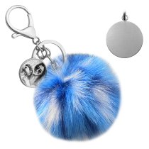 Personalized Custom Photo Laser Engraving Cute Faux Fur Ball Pom Pom Universal Car Key Fob Holder Metal Keychain Lobster Clasp- Blue