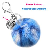 Personalized Custom Photo Laser Engraving Cute Faux Fur Ball Pom Pom Universal Car Key Fob Holder Metal Keychain Lobster Clasp- Blue