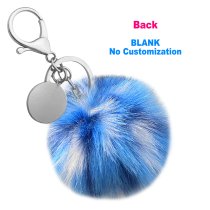 Personalized Custom Photo Laser Engraving Cute Faux Fur Ball Pom Pom Universal Car Key Fob Holder Metal Keychain Lobster Clasp- Blue