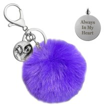 Personalized Custom Photo Laser Engraving Message Text Cute Faux Fur Ball Pom Pom Pendant Charm Universal Car Key Fob Holder Metal Keychain Lobster Clasp- Purple
