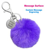 Personalized Custom Photo Laser Engraving Message Text Cute Faux Fur Ball Pom Pom Pendant Charm Universal Car Key Fob Holder Metal Keychain Lobster Clasp- Purple