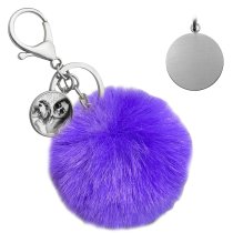 Personalized Custom Photo Laser Engraving Cute Faux Fur Ball Pom Pom Universal Car Key Fob Holder Metal Keychain Lobster Clasp- Purple