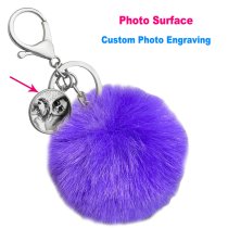 Personalized Custom Photo Laser Engraving Cute Faux Fur Ball Pom Pom Universal Car Key Fob Holder Metal Keychain Lobster Clasp- Purple